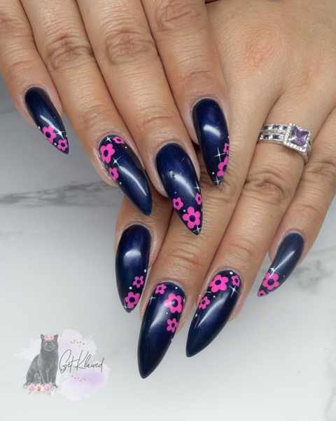 Deep Blue Nails with Pink Floral Accents
