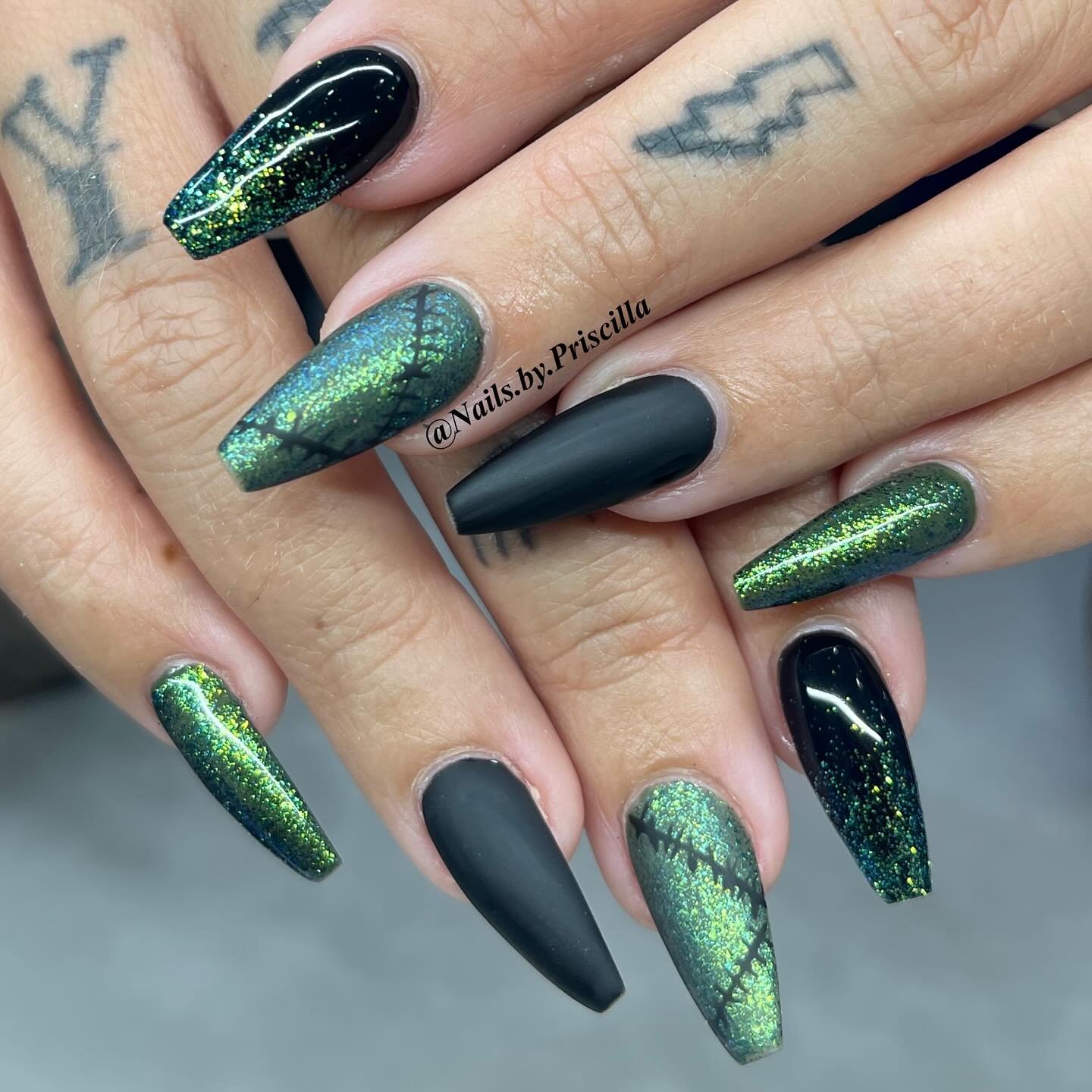 Black and Green Shimmer Nails with Matte Accents