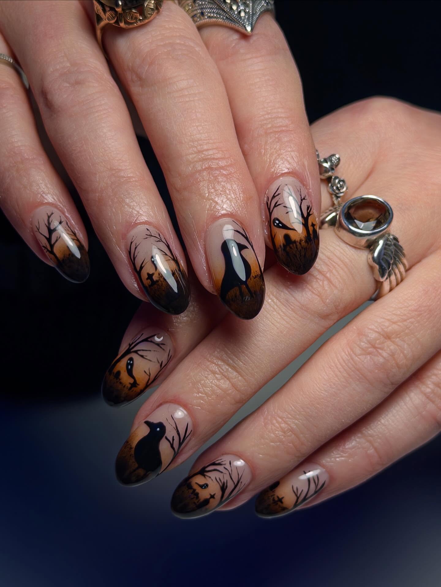 Sheer Nude and Brown Nails with Delicate Halloween Line Art