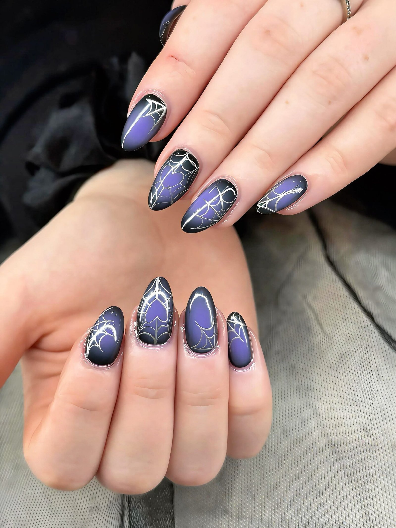 Purple and Blue Nails with Fine White Spiderweb Linework