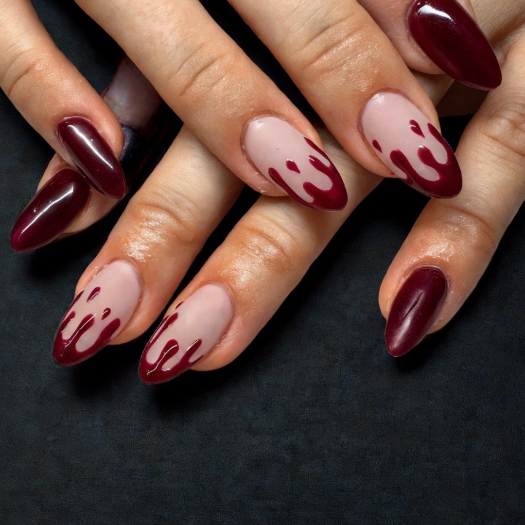 Nude and Deep Red Nails with Dripping Red Tips