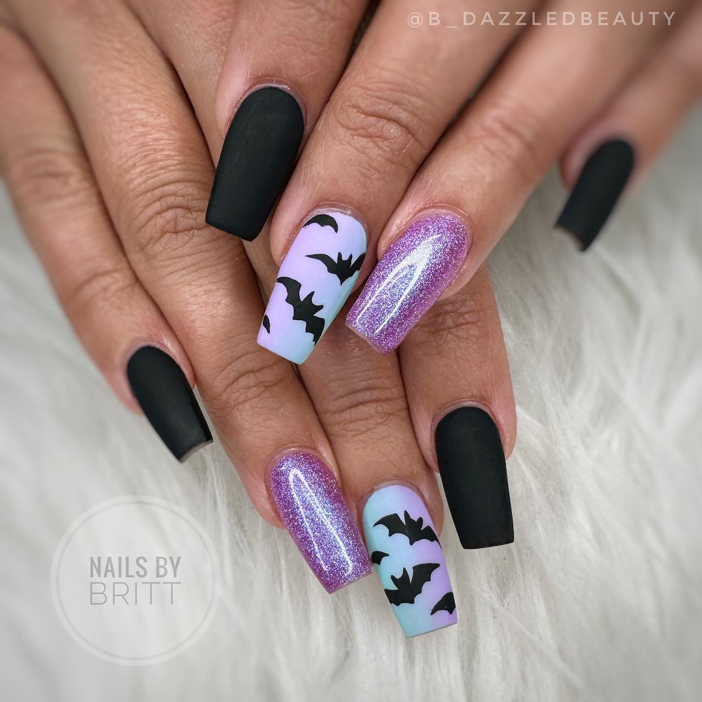 Matte Black, Lavender, and Lilac Nails with Bat Silhouettes