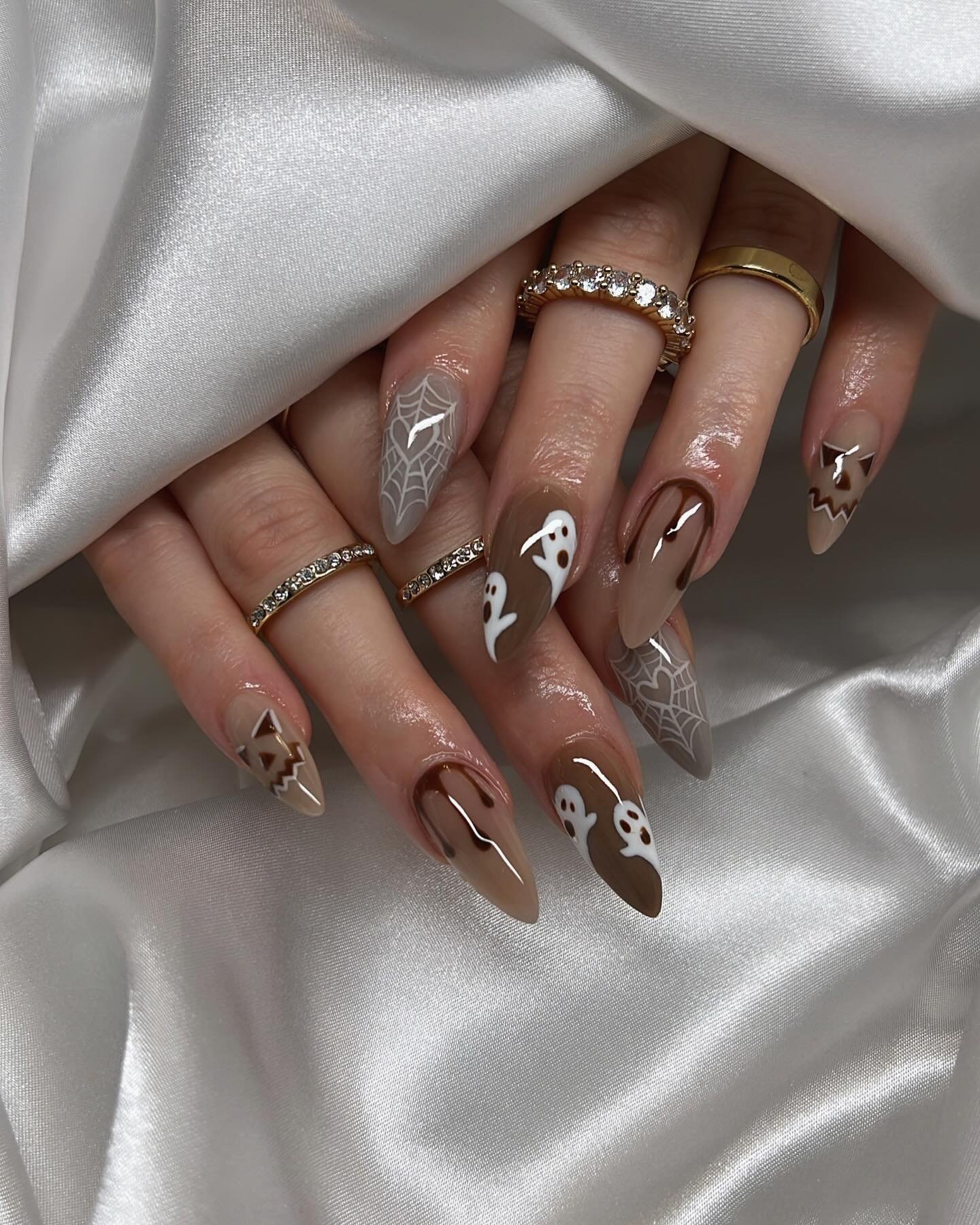 Taupe Halloween Nails with White Ghosts and Fine Line Details