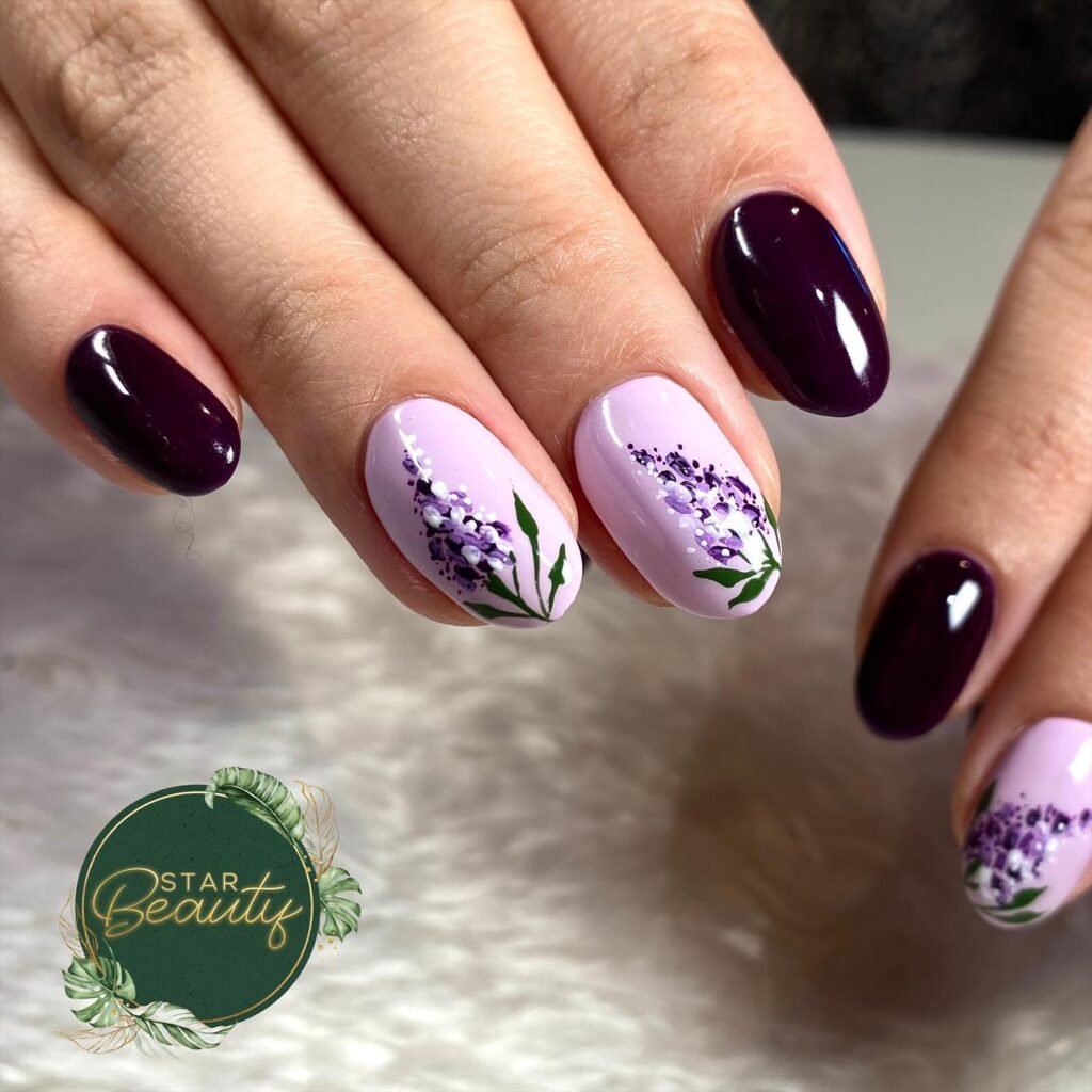 Dark Plum Almond Nails with Lavender Floral Accents