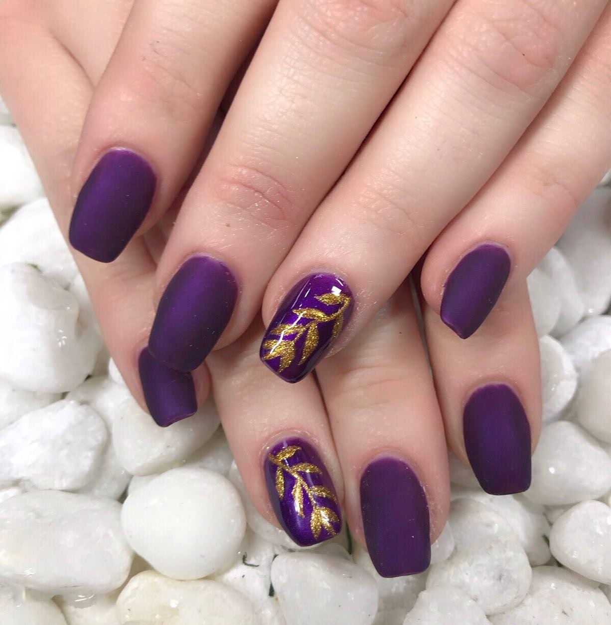 Matte Purple Nails with Gold Line Art