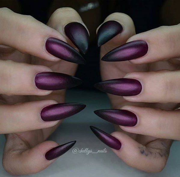 Shimmering Plum Almond Nails with a Metallic Finish