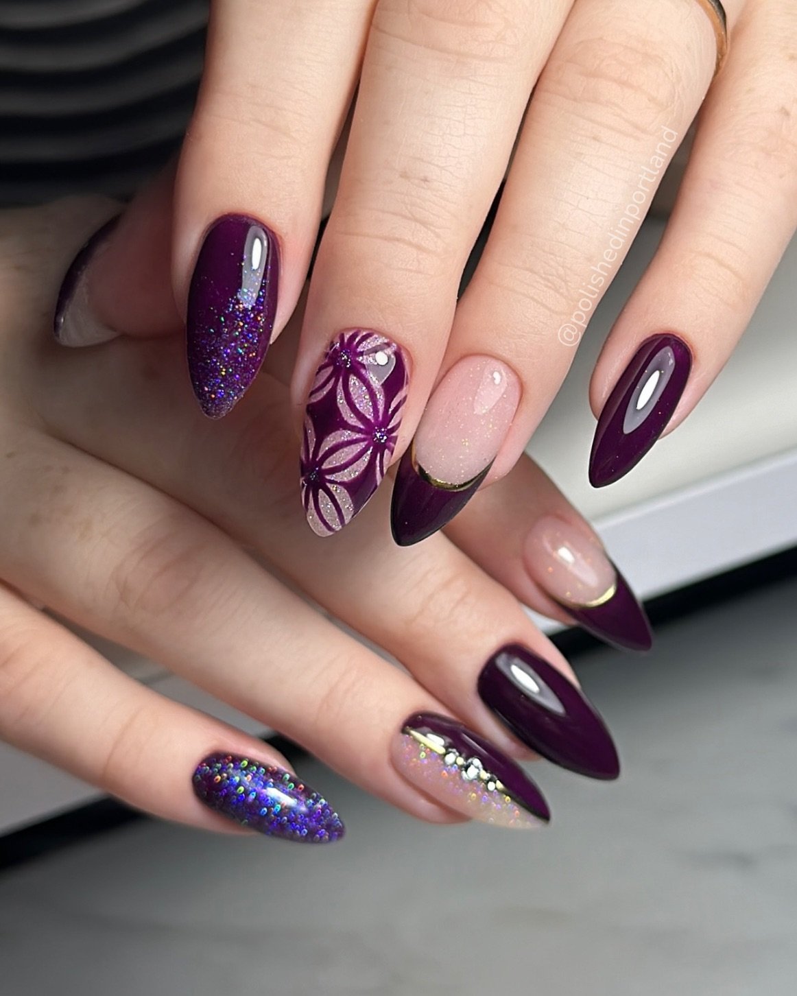 Purple Almond Nails with Nude Negative Space and Floral Detail