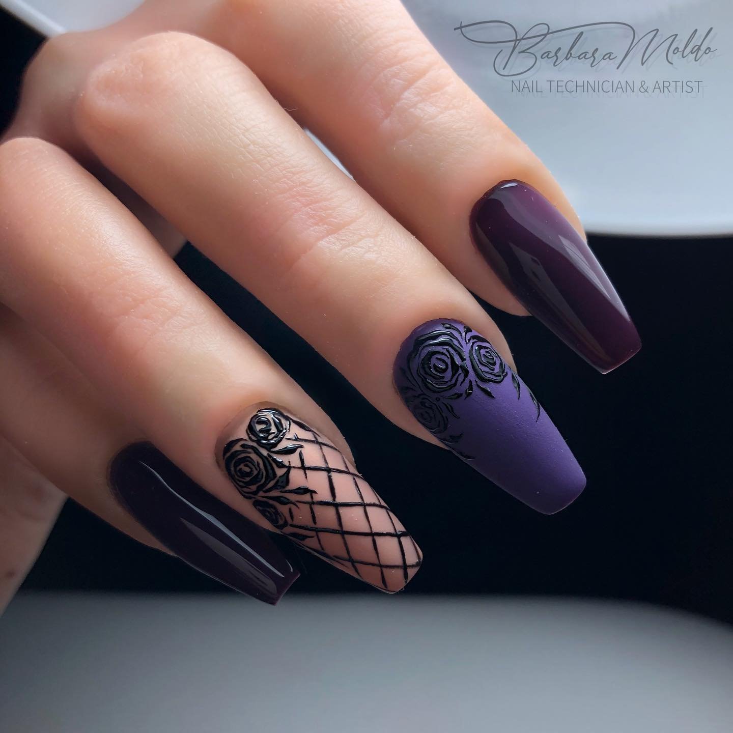 Deep Purple Nails with Lace-Inspired Black and Lavender Details