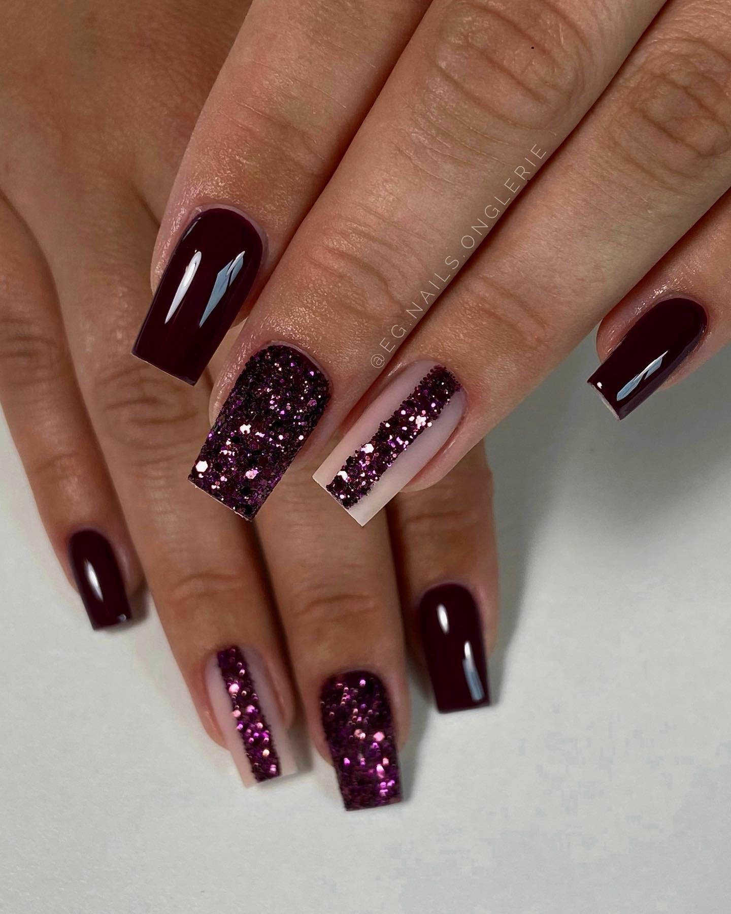Deep Plum Square Nails with Glittery Accent Tips