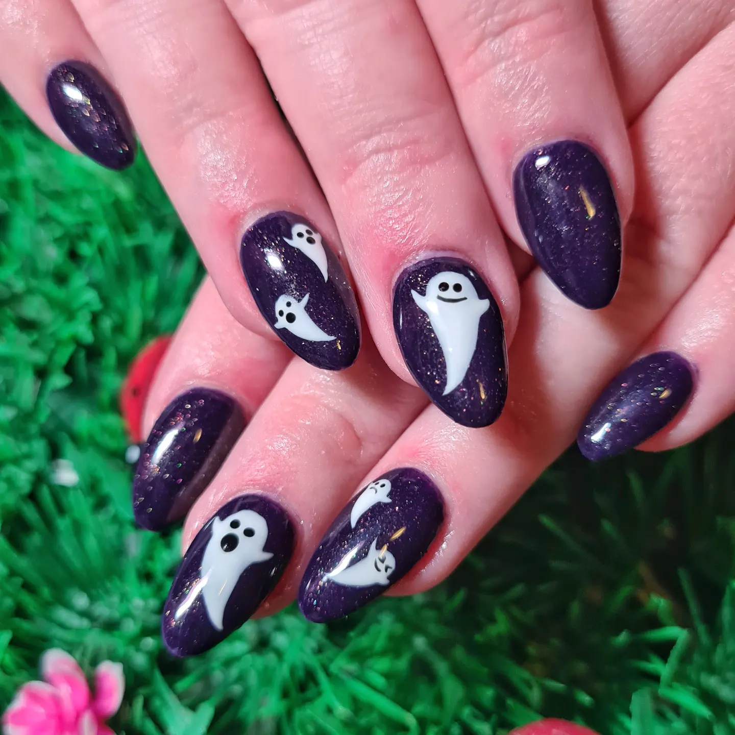 Dark Purple Ghost-Themed Nails
