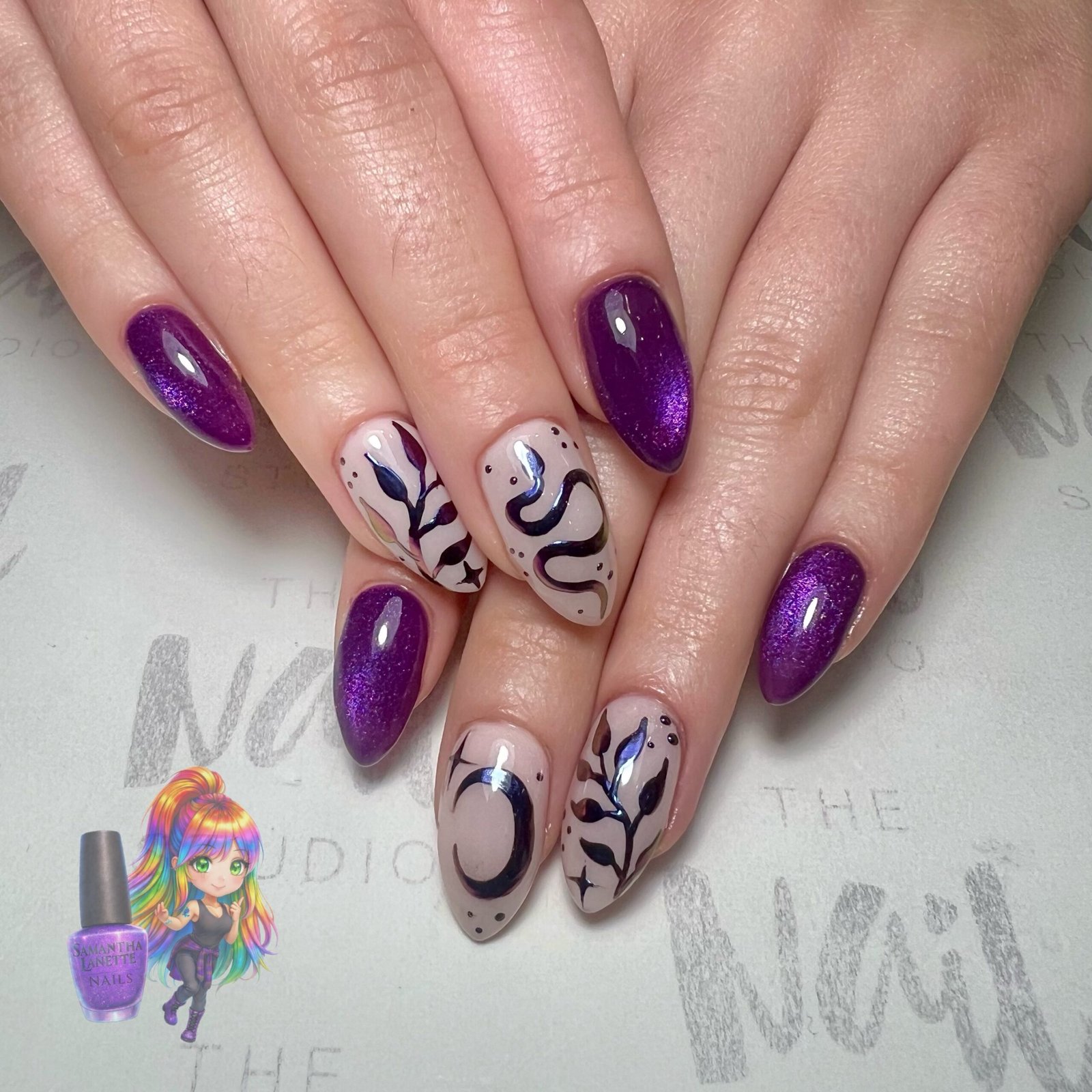 Purple Nails with Nude Abstract Leaf Accents