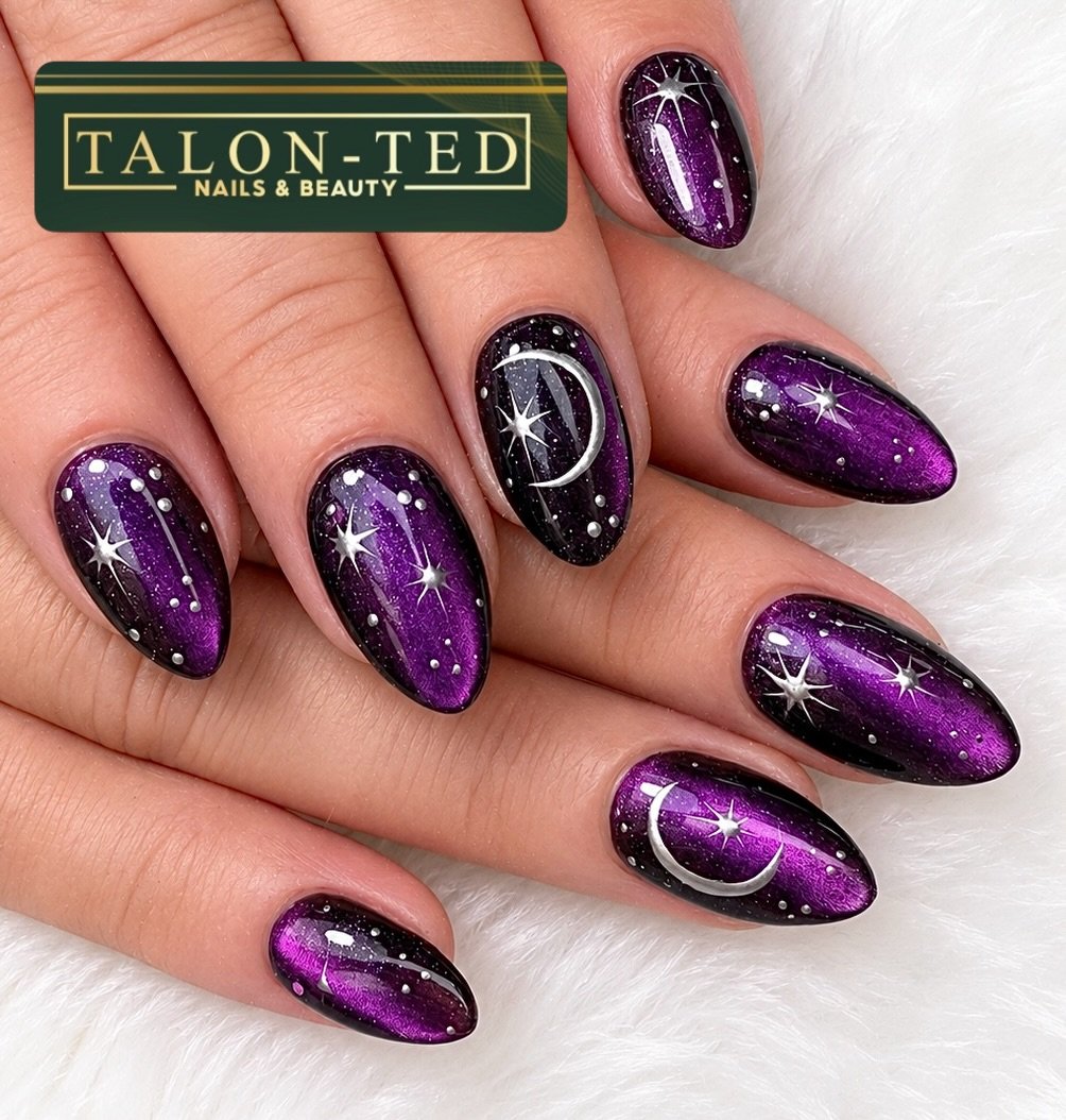 Purple Celestial Nails with Stars and Crescent Details