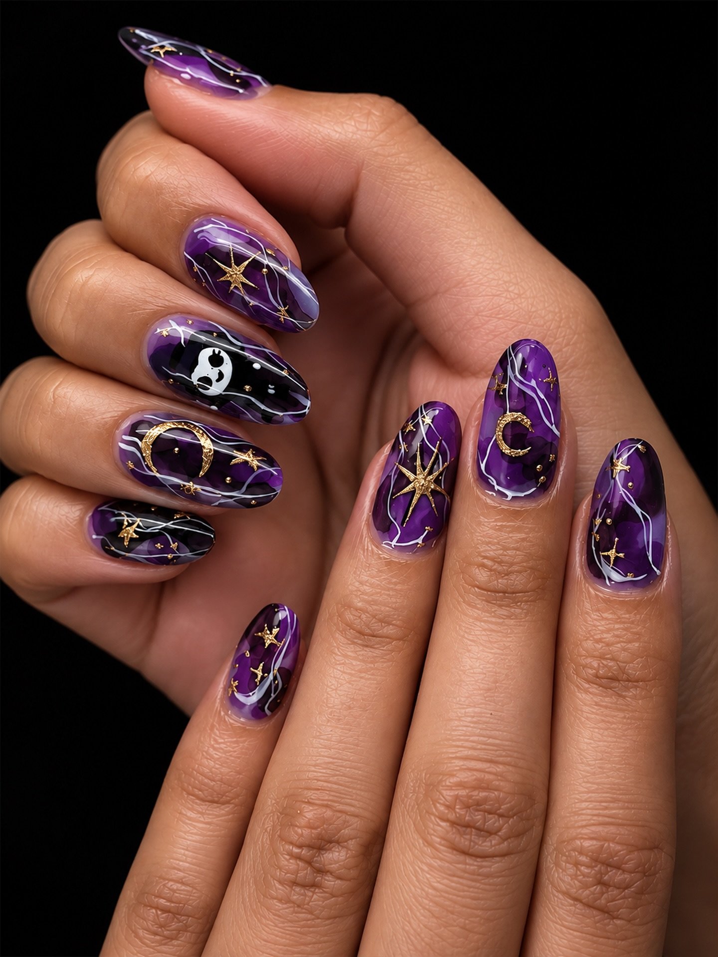Deep Purple Celestial Nails with Gold and White Details