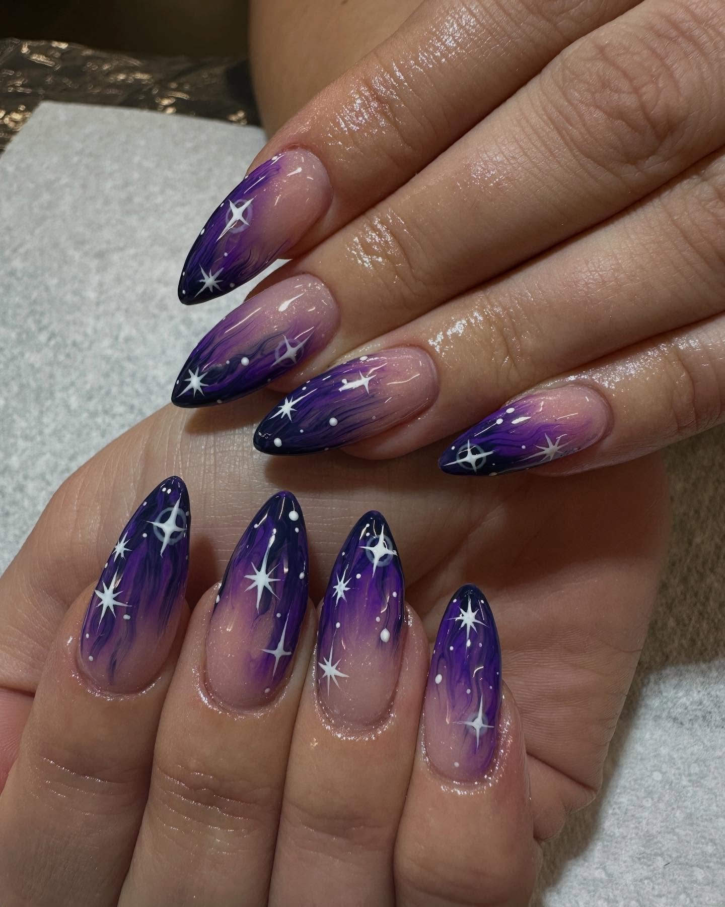 Purple Ombré Nails with Glittering Star Details