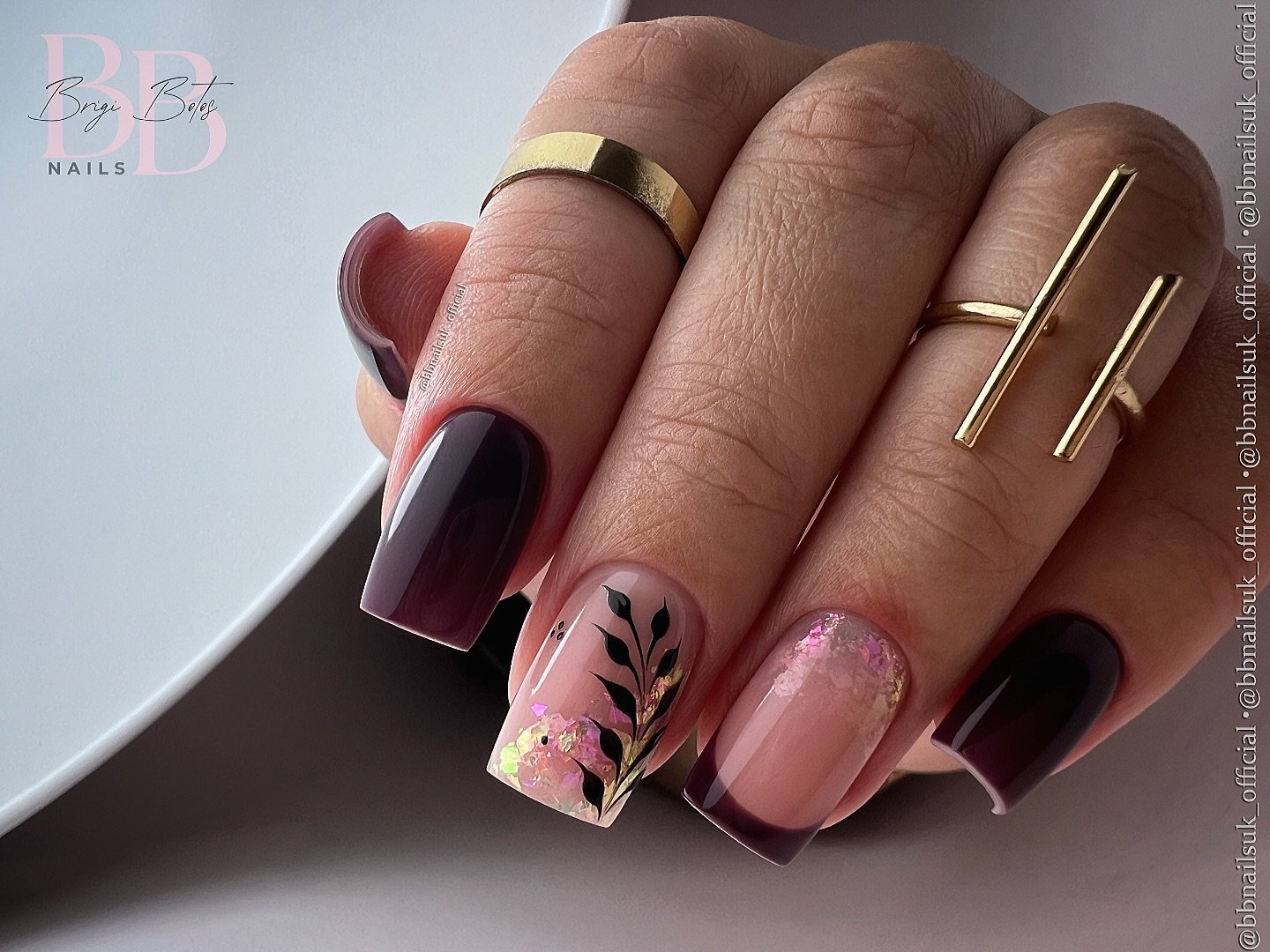Plum and Nude Nails with Fine Abstract Line Details