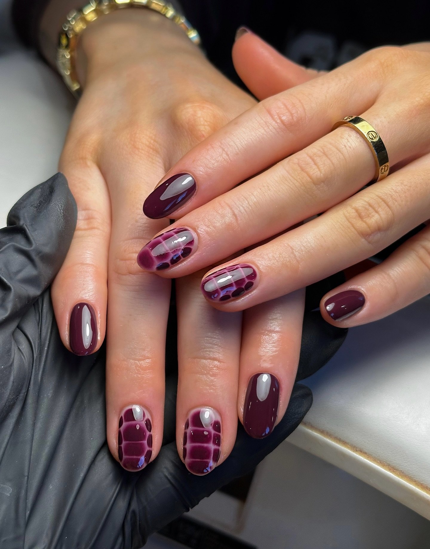 Purple Almond Nails with Nude Grid-Pattern Accents