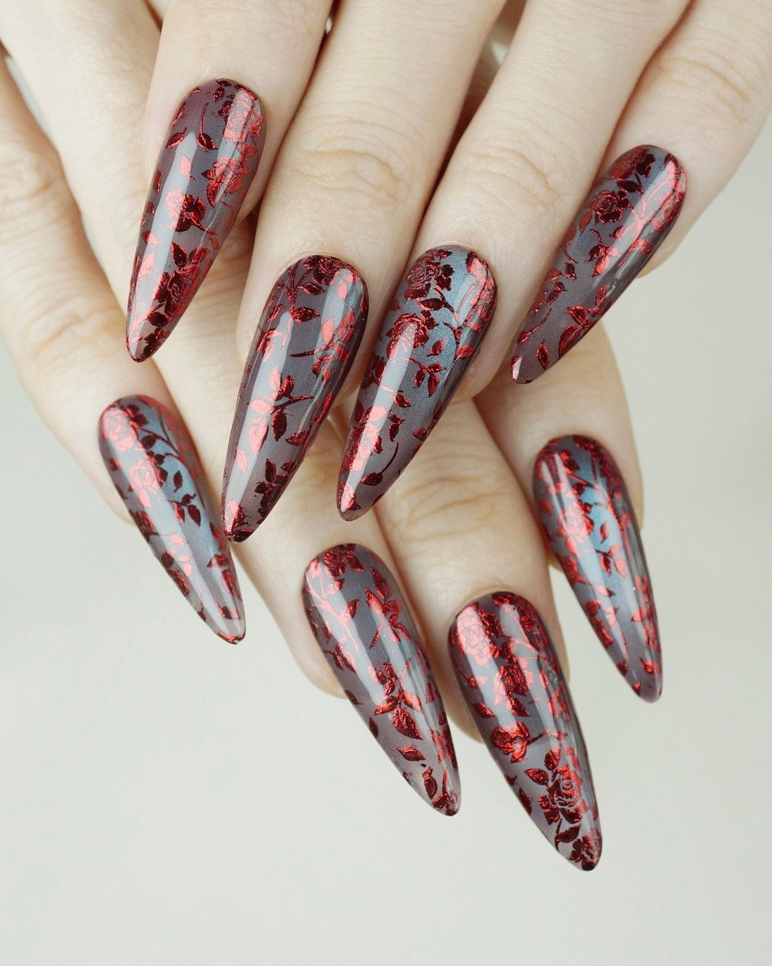 Red and Black Marble Stiletto Nails