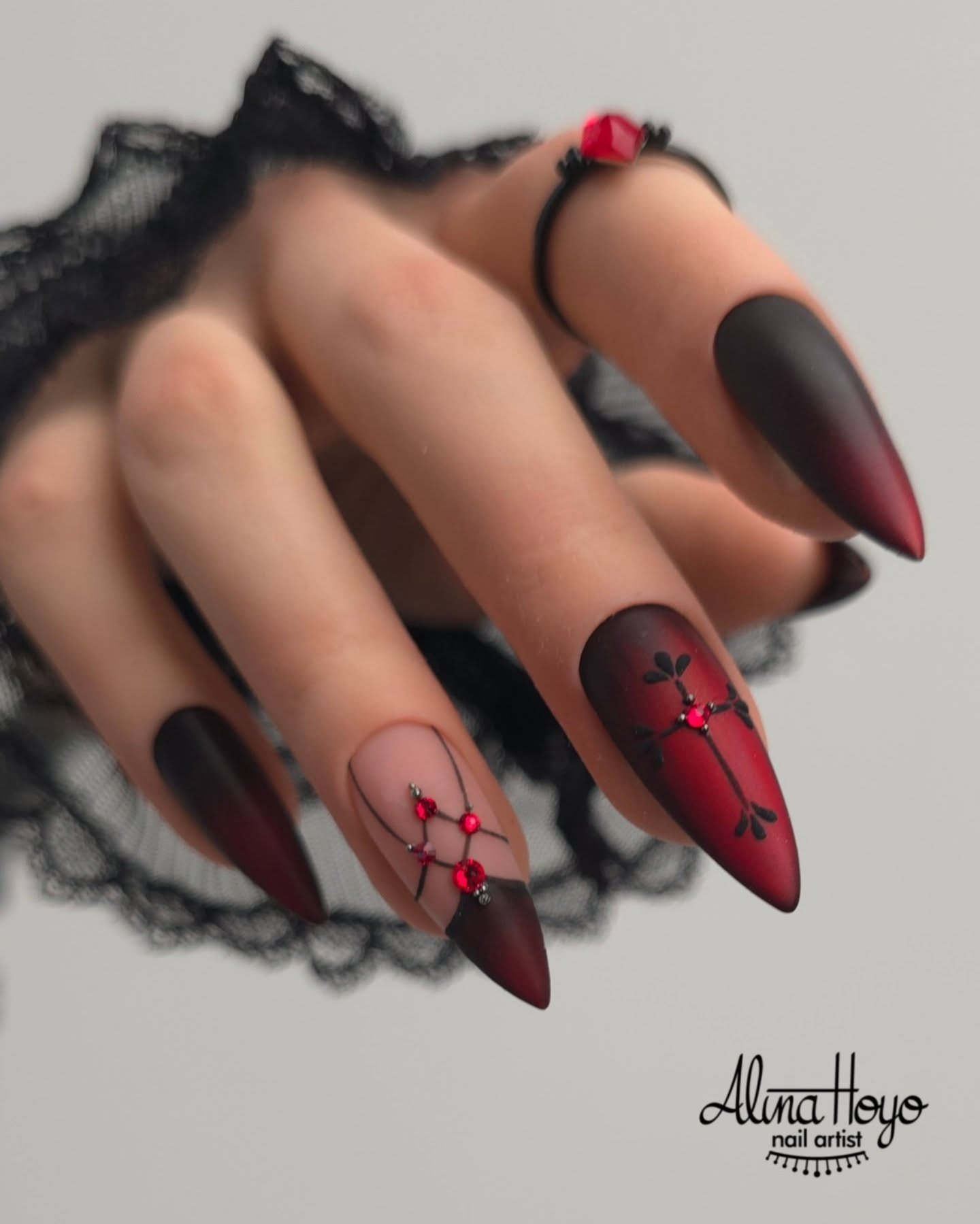 Matte Wine Nails with Red and Black Details
