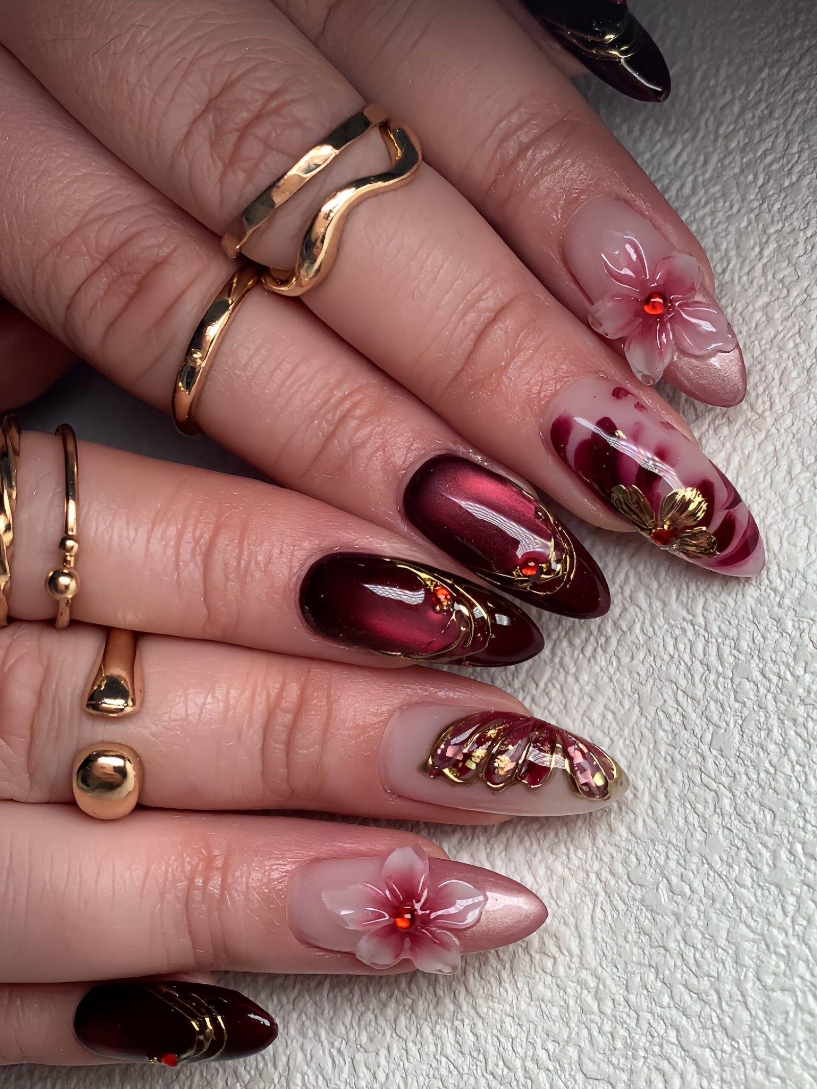 Deep Burgundy Nails with Sparkling Accent Details