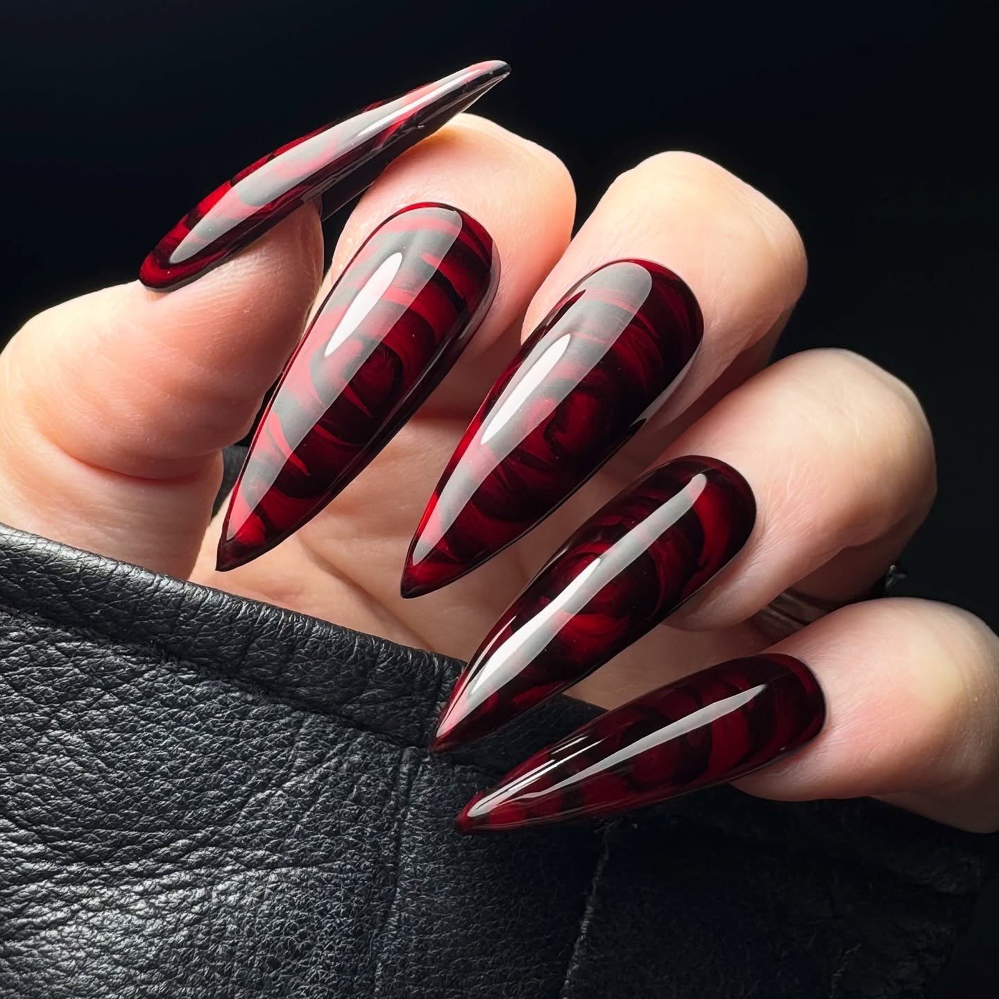 Glossy Burgundy Geometric Stiletto Nails