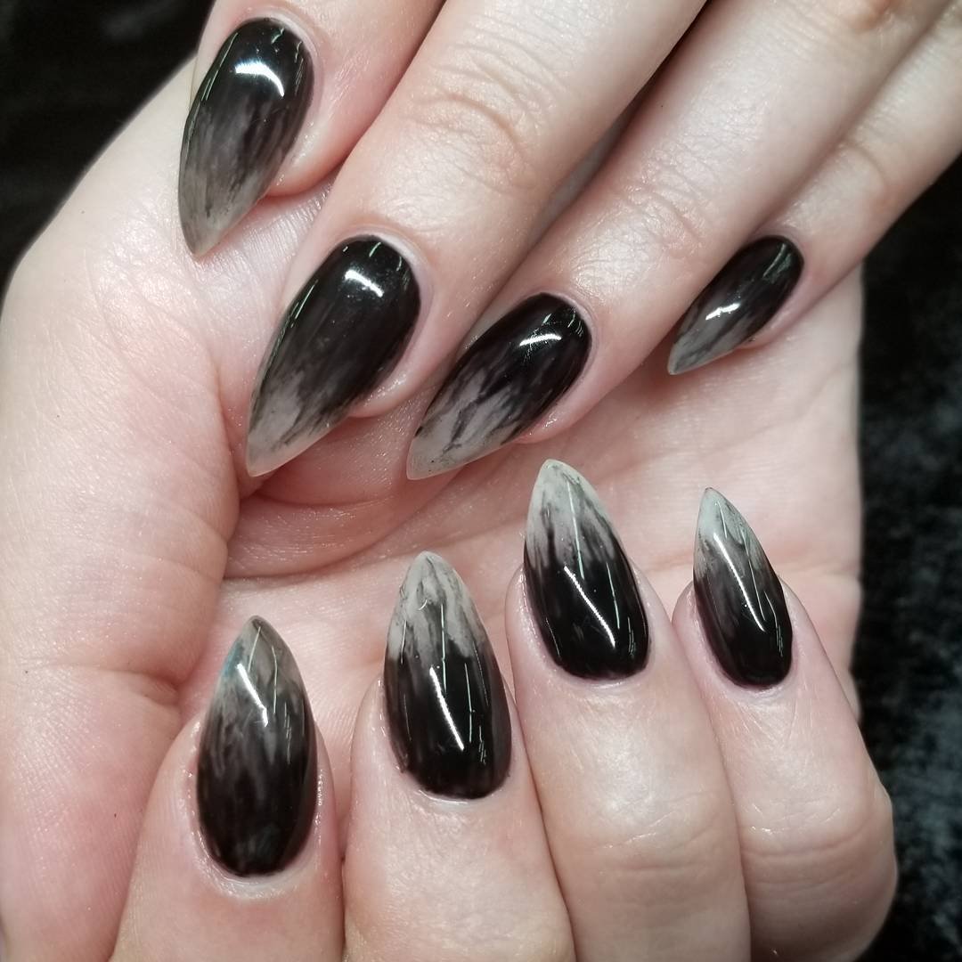 Glossy Black Nails with Smoky Silver Tips