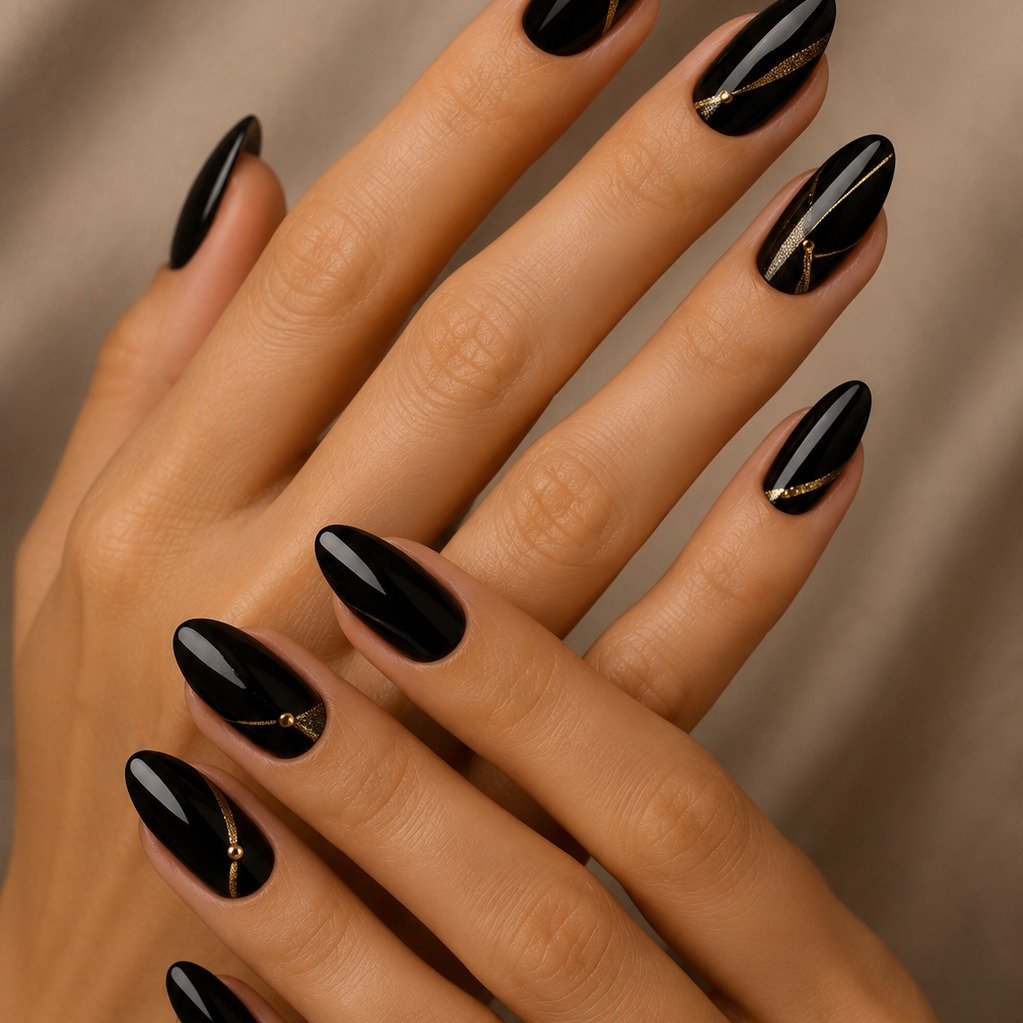 Glossy Black Almond Nails with Negative-Space Details
