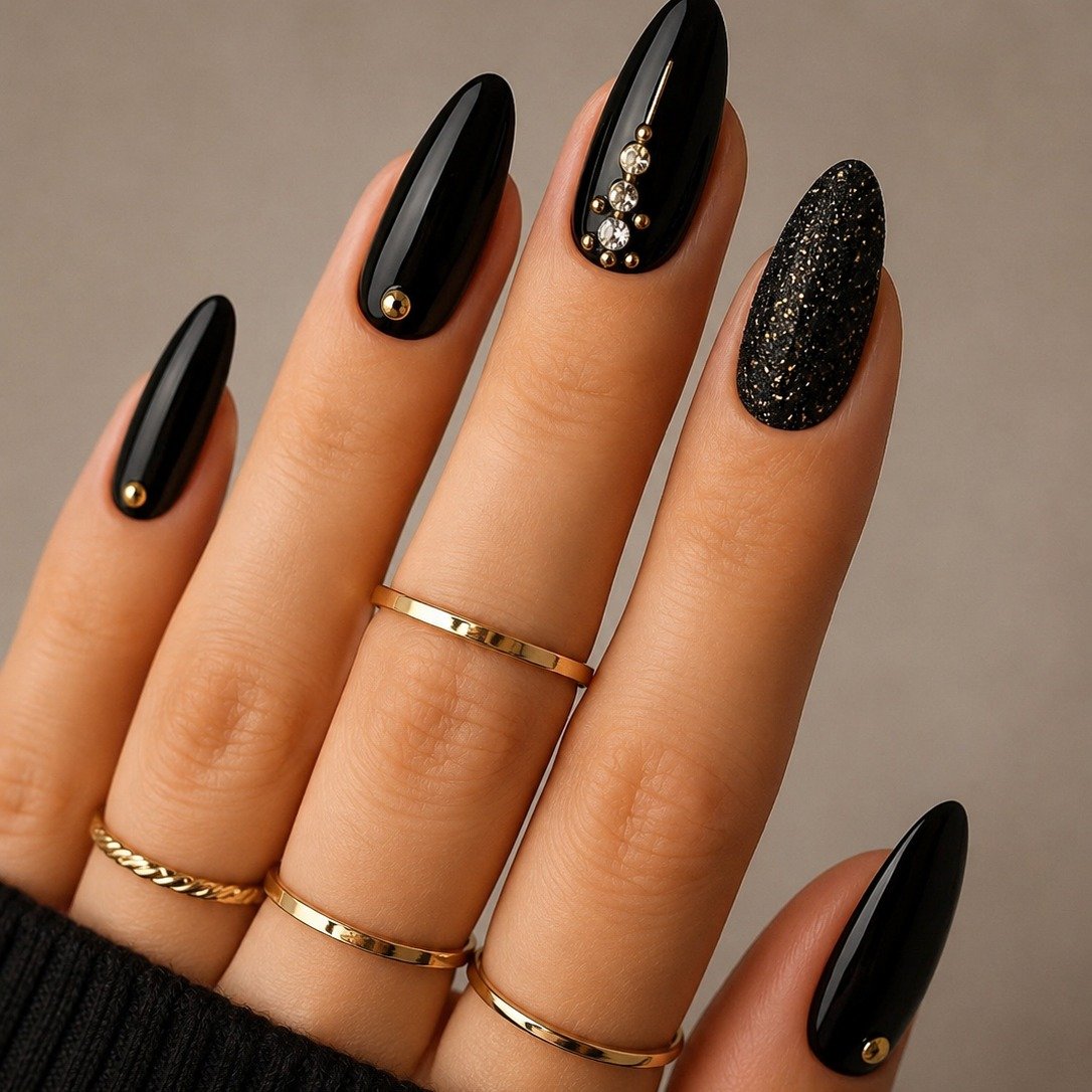Black Stiletto Nails with a Textured Accent