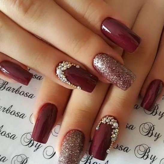 Burgundy and Nude Nails with Gold Glitter Accents