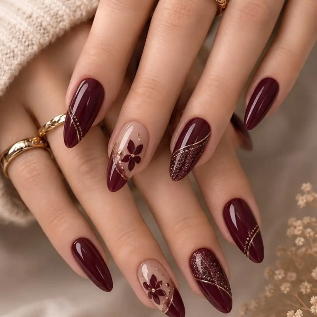 Wine Nails with Burgundy Floral Accent
