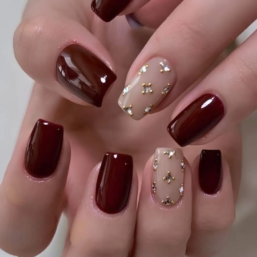 Burgundy Nails with Nude Glitter Accent