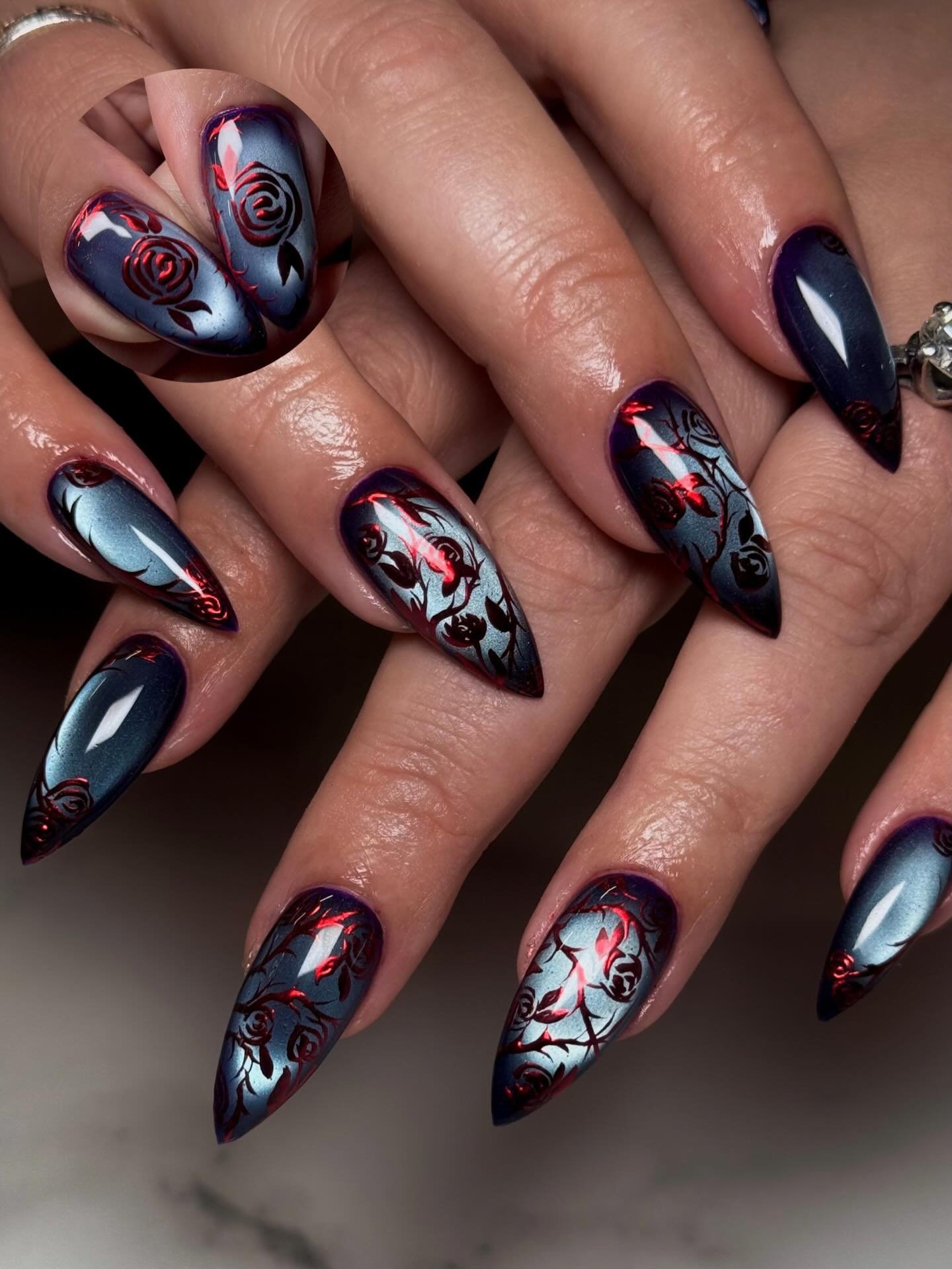 Dark Blue-Black Nails with Red and Light Accents
