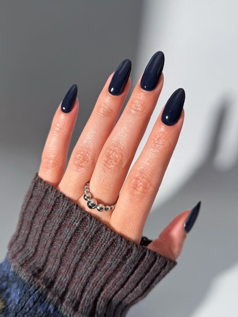 Navy Almond Nails with a Glossy Finish