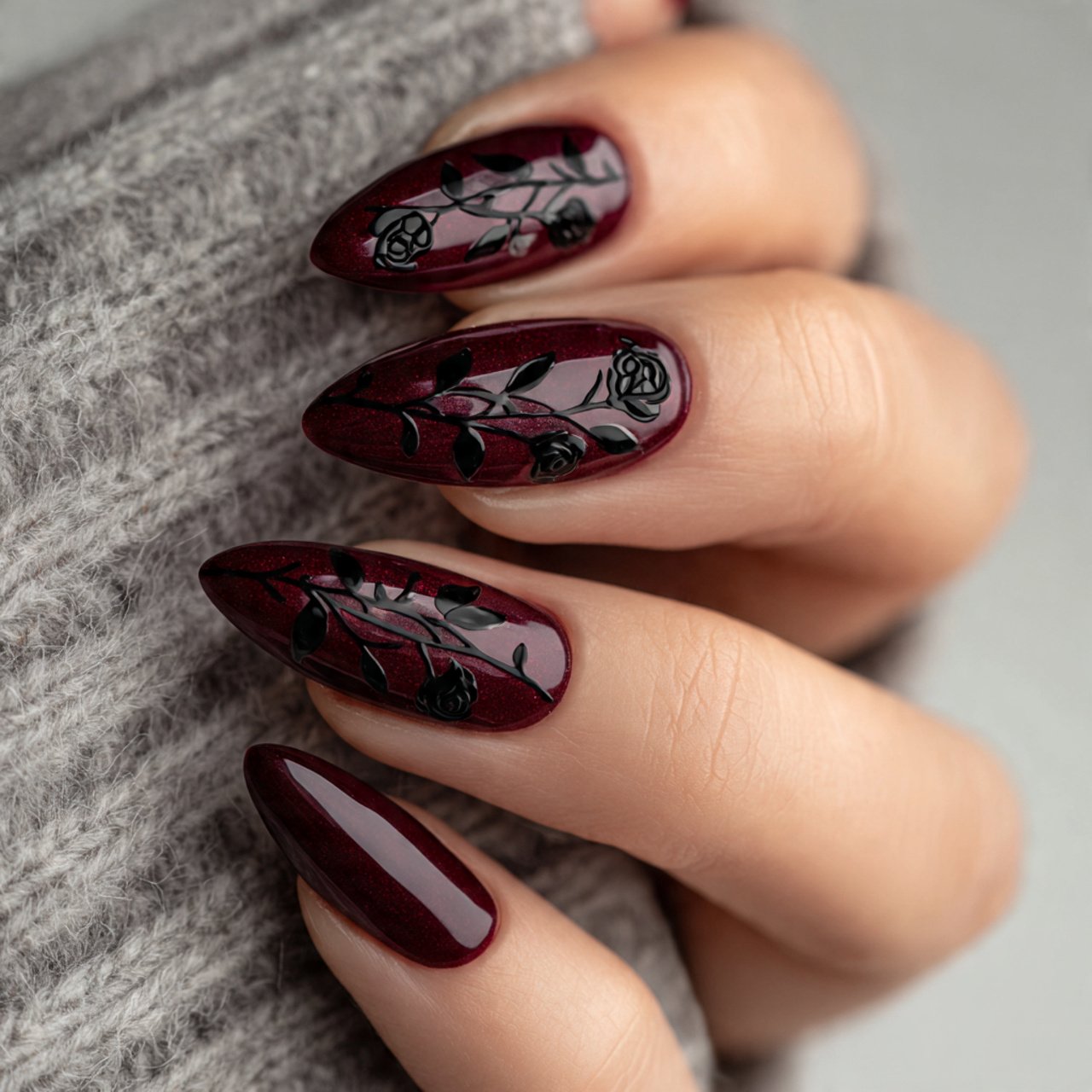 Dark Burgundy Nails with Black and Floral Line Art