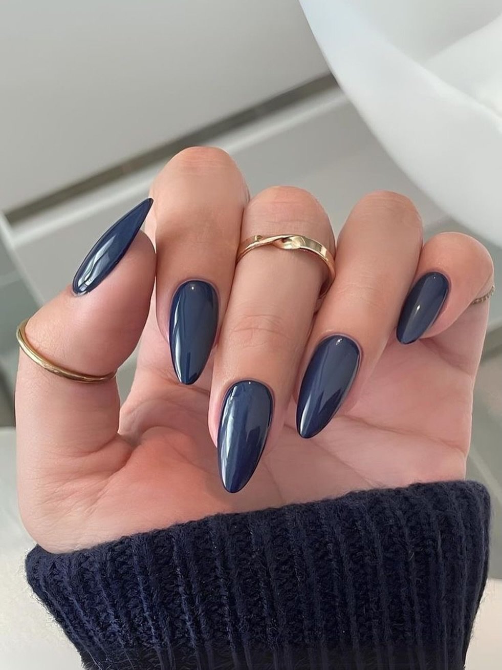 Glossy Navy Almond Nails