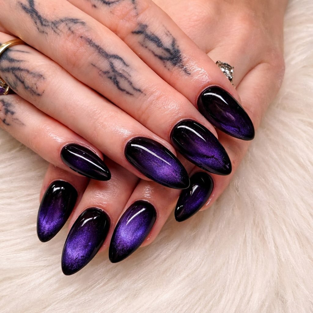 Purple and Black Chrome-Like Almond Nails