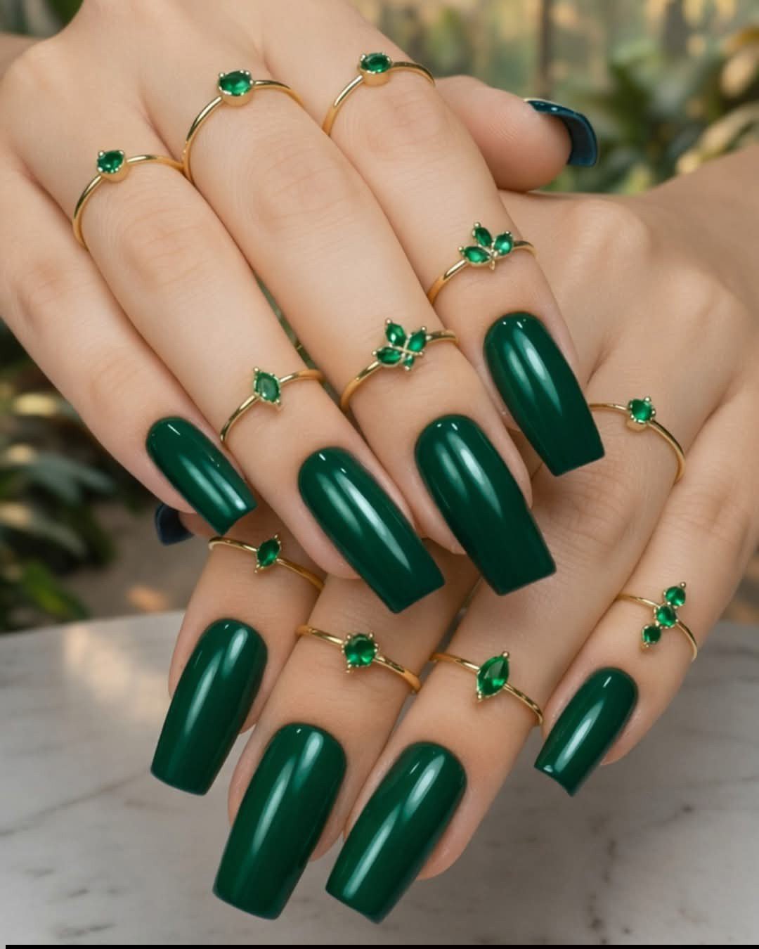 Emerald Green Long Square Nails with Matching Jewelry