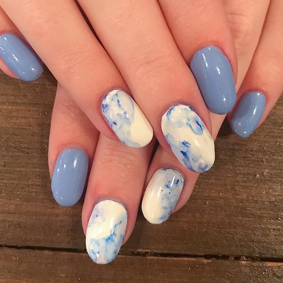 Periwinkle Blue Nails with White and Blue Marble Accents