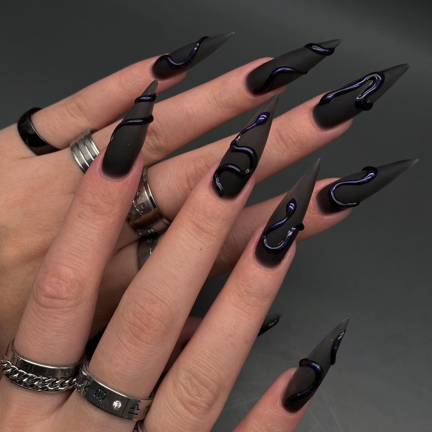 Long Black Nails with Raised Dark Accents