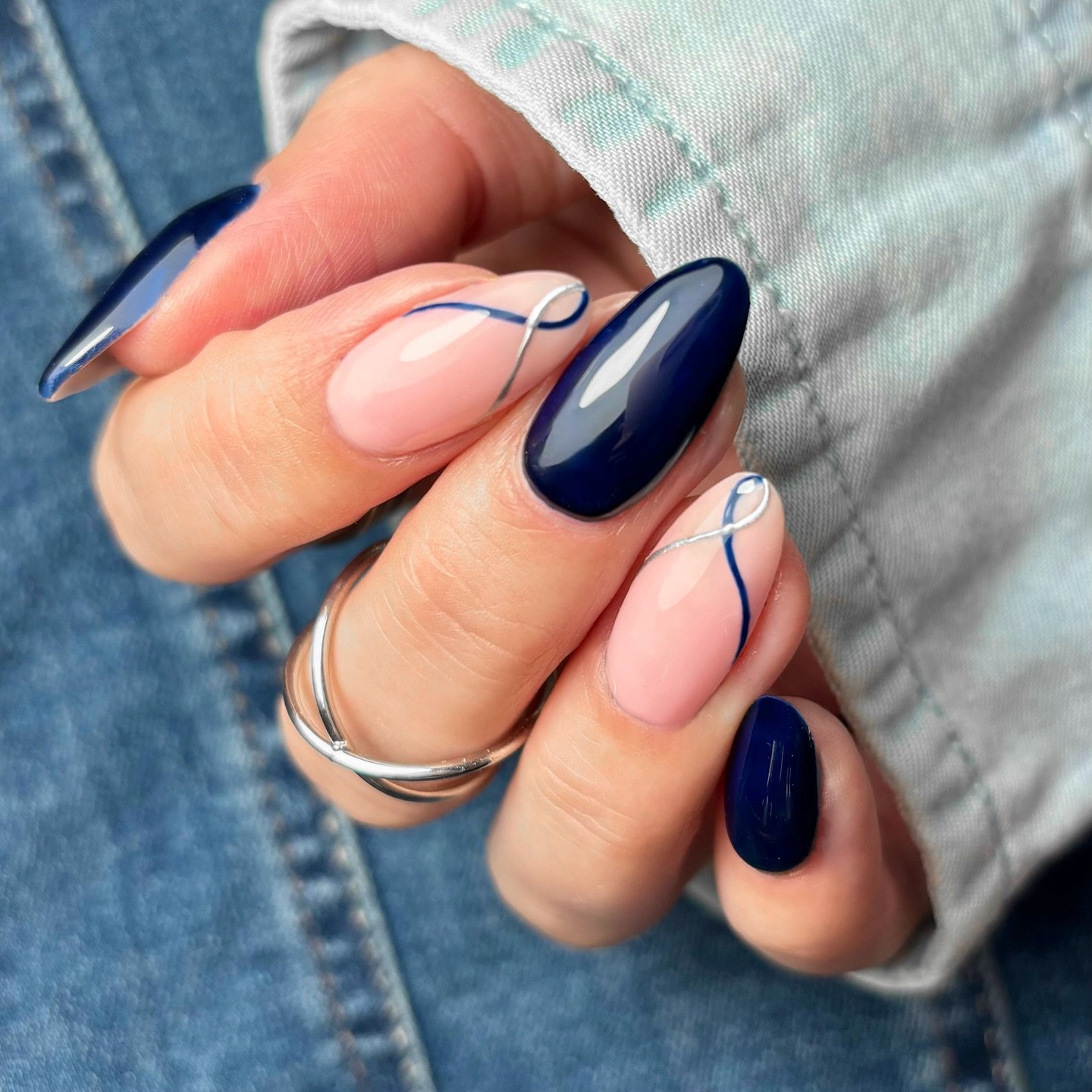 Navy Blue Almond Nails with Minimal Linework
