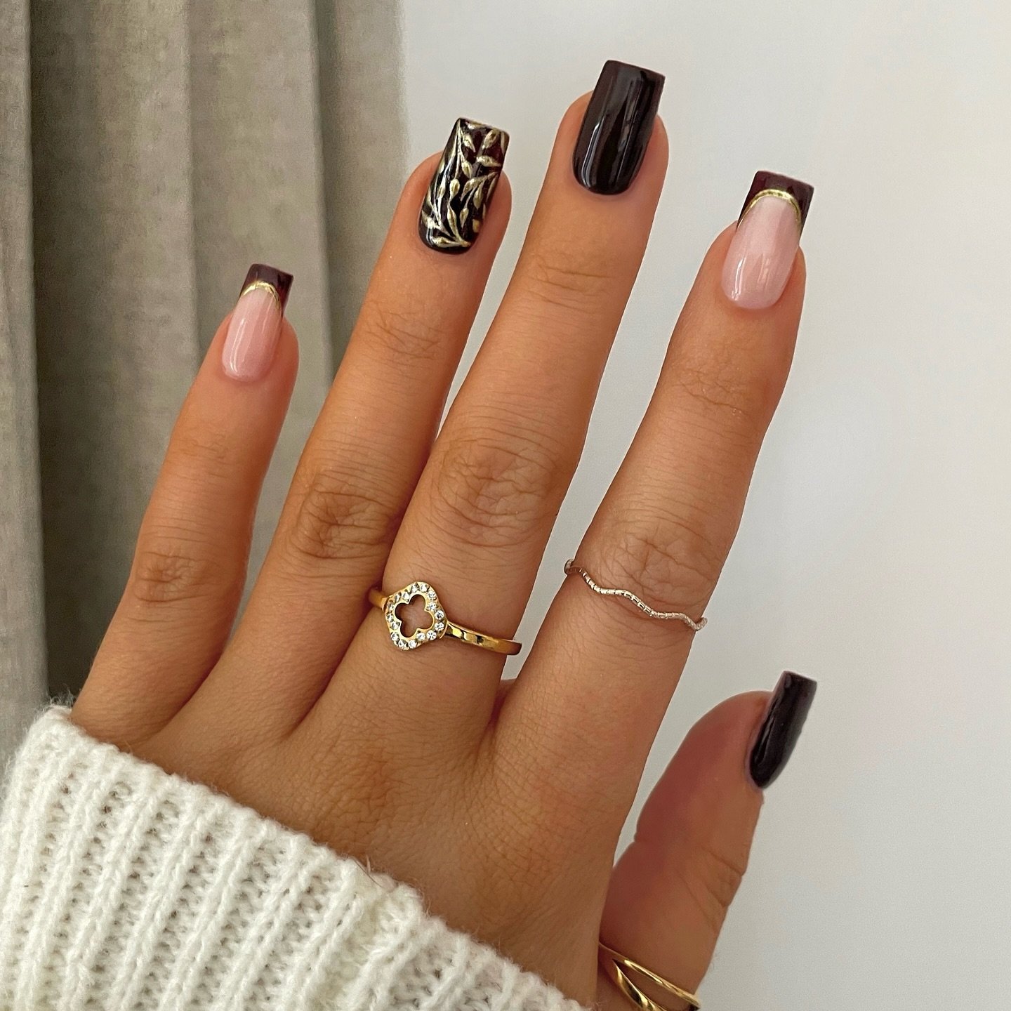 Short Dark Brown and Burgundy Glossy Nails