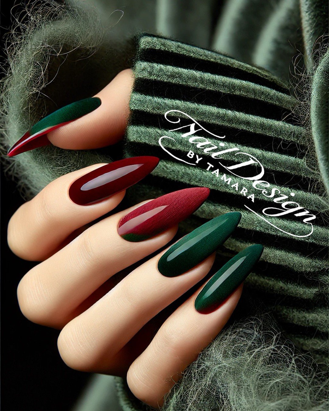Red, Green, and Burgundy Almond Nails