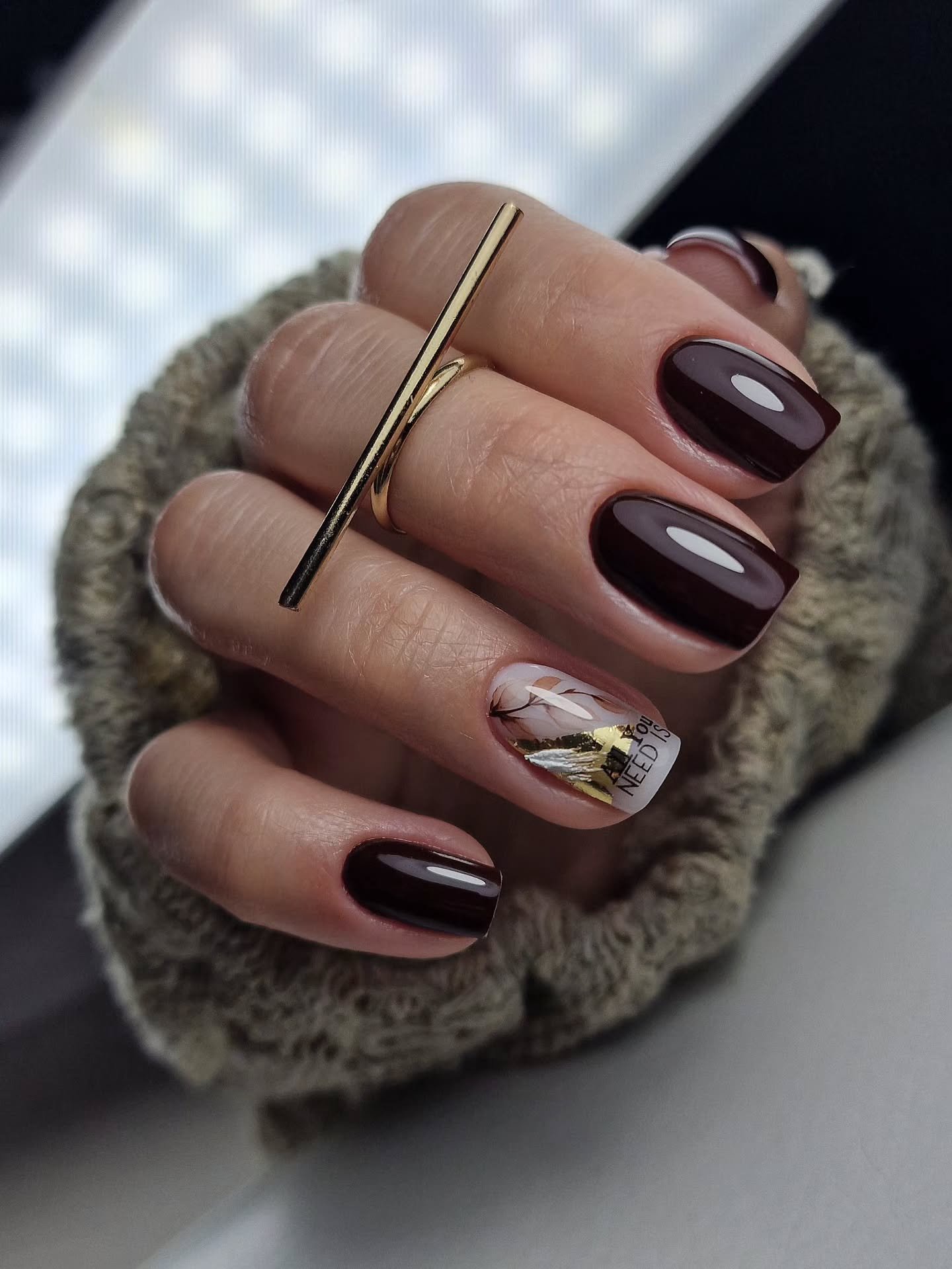 Chocolate Brown Short Nails with Gold and Rhinestone Accents