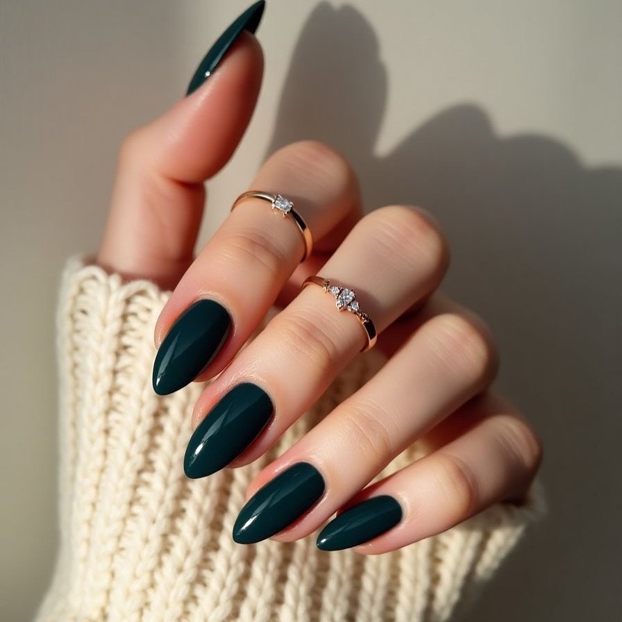 Deep Green Almond Nails with Minimal Gold Details
