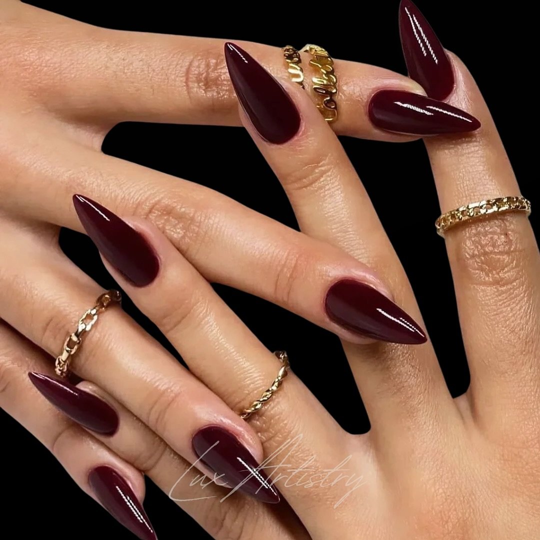Deep Green and Burgundy Stiletto Nails