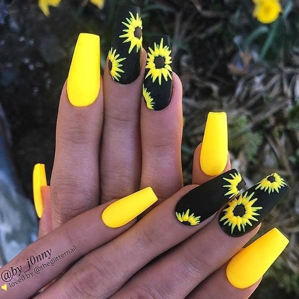Bright Yellow Nails with Black Sunflower Accents