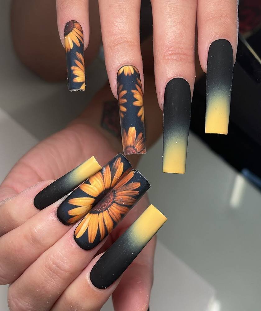 Black Nails with Yellow Floral and Ombre Tips