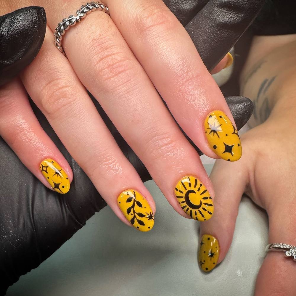 Yellow Nails with Black Floral and Line Details