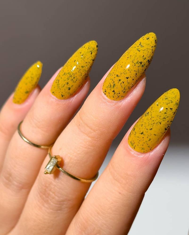 Speckled Mustard Yellow Almond Nails