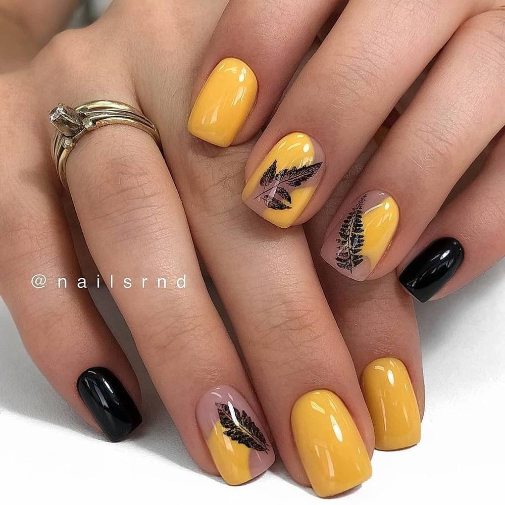 Mustard Yellow Nails with Brown and Black Accent Details