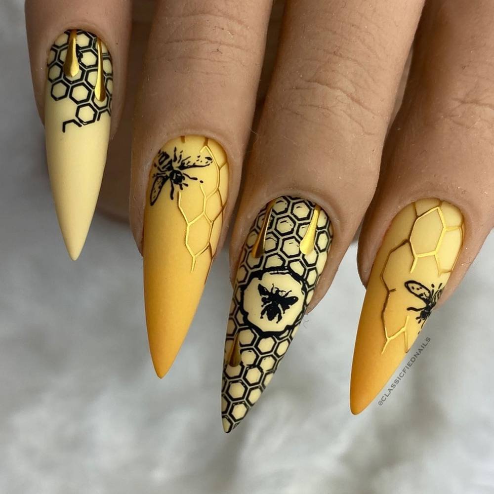 Mustard Yellow Almond Nails with Black Floral Patterning